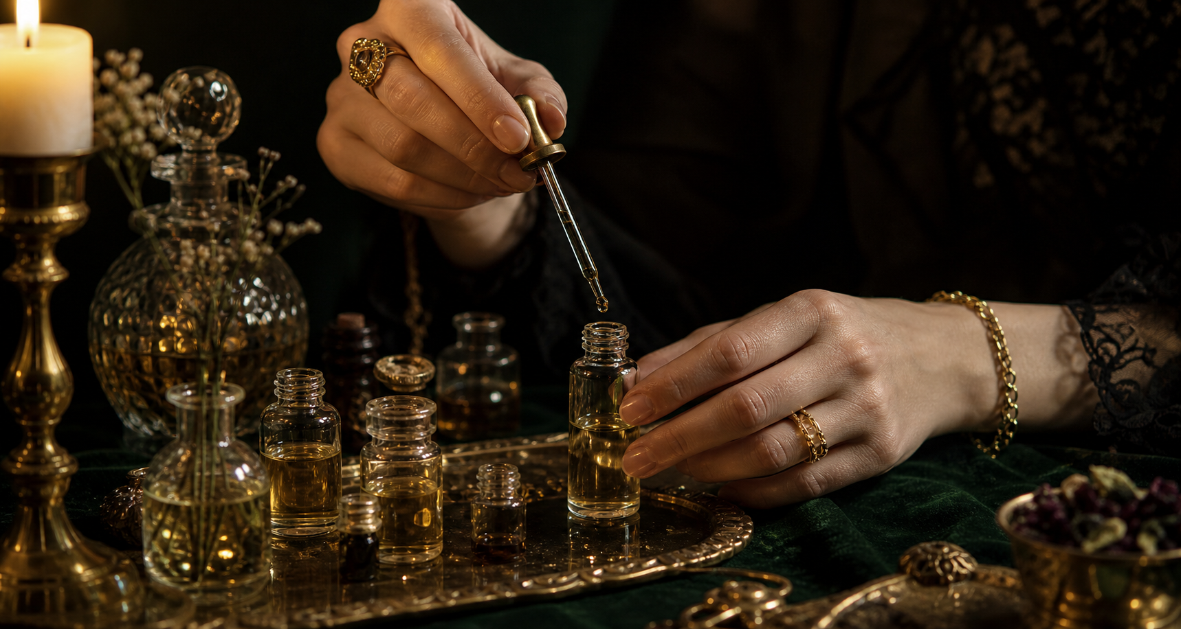Fragrance oils and perfume vials arranged by candlelight.